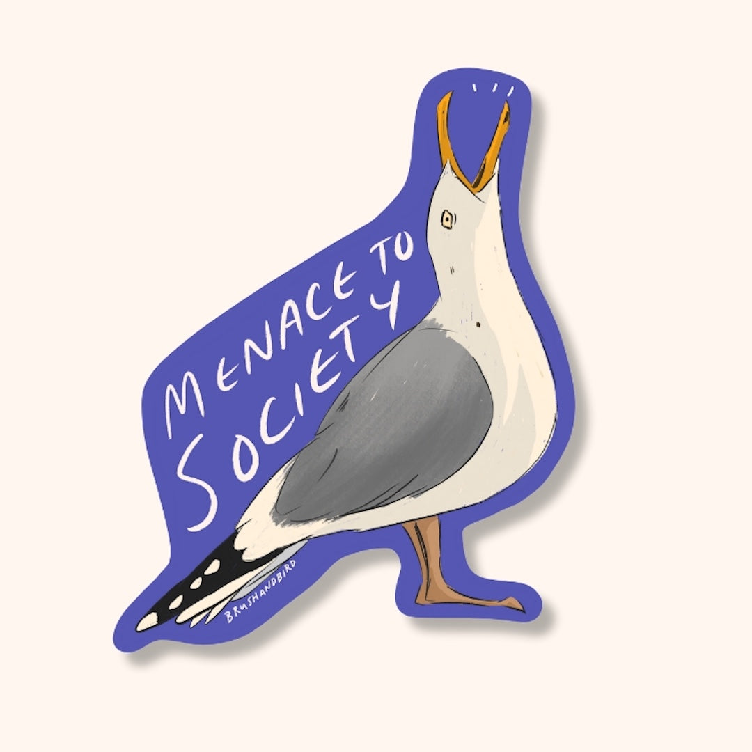 Seagull illustration with 'Menace to Society' text on a white background