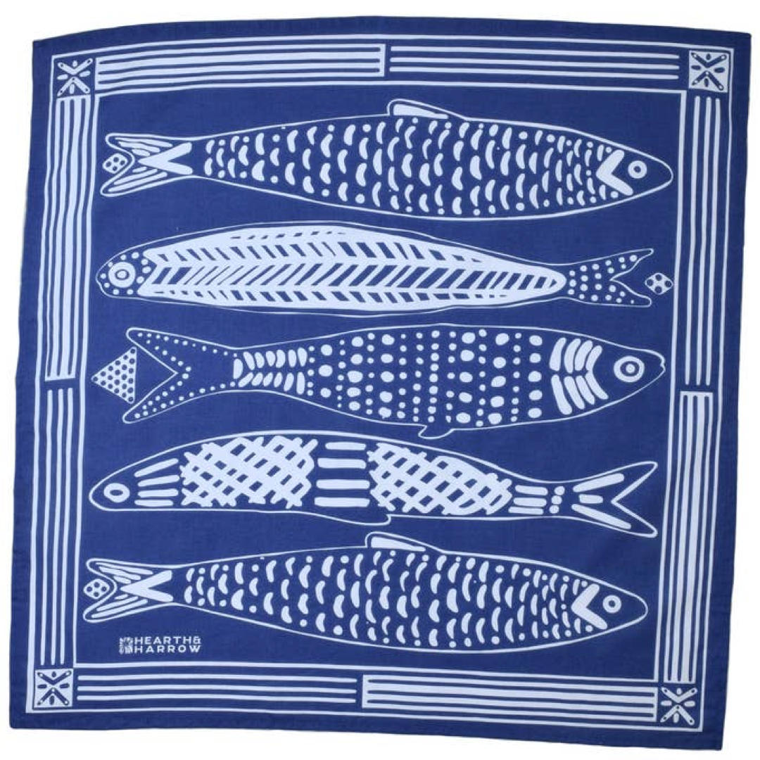 navy blue bandana with sardine pattern on it
