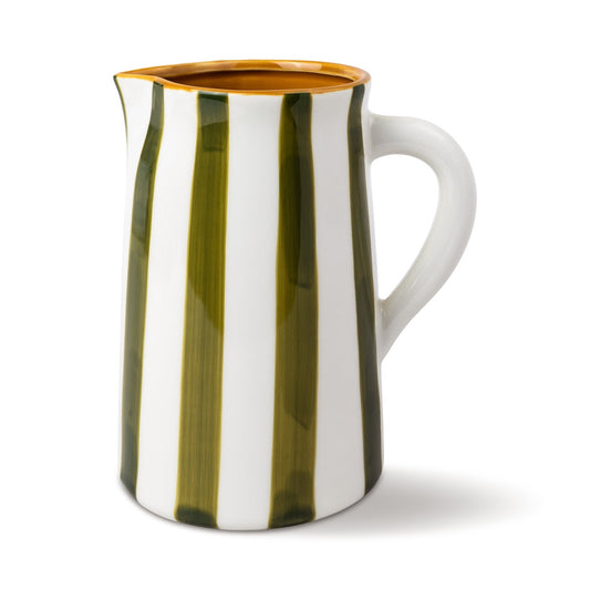 Ceramic pitcher with green and white stripes on a white background