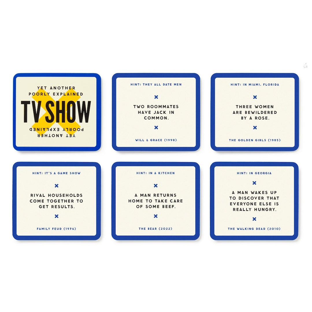 Set of six trivia cards with TV show references on a white background