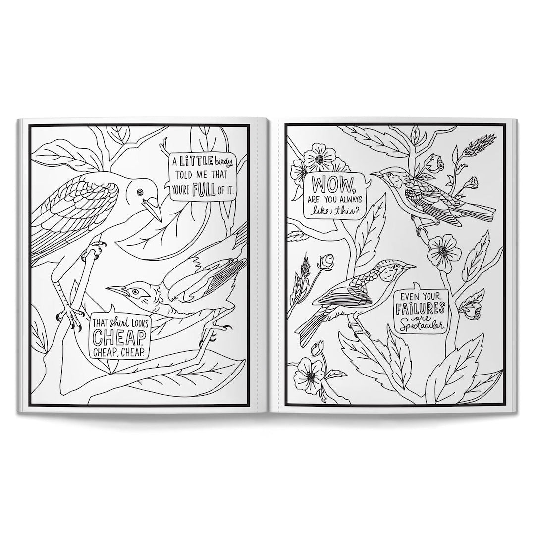 Coloring book pages with birds and text on a white background