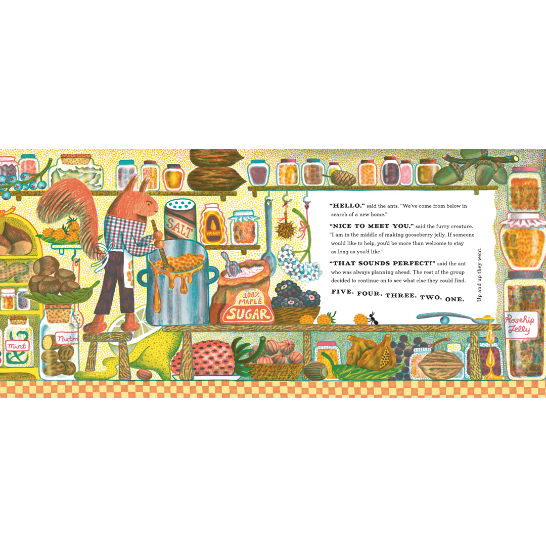 A colorful illustrated product panel showing a whimsical scene with jars, fruit, a character in a plaid shirt, and a central text box with dialogue. The artwork is highly detailed and multicolored, set against a white background.
