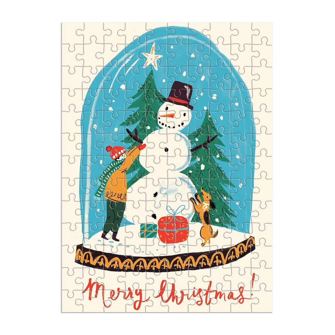 Christmas-themed puzzle with a snowman and trees on a beige background
