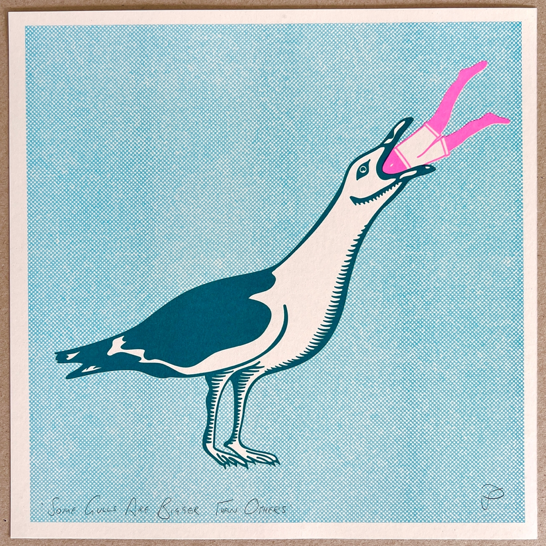 A square art print featuring a stylized seagull in dark teal and off-white with half a body in its beak, set against a light blue halftone background with a white border.