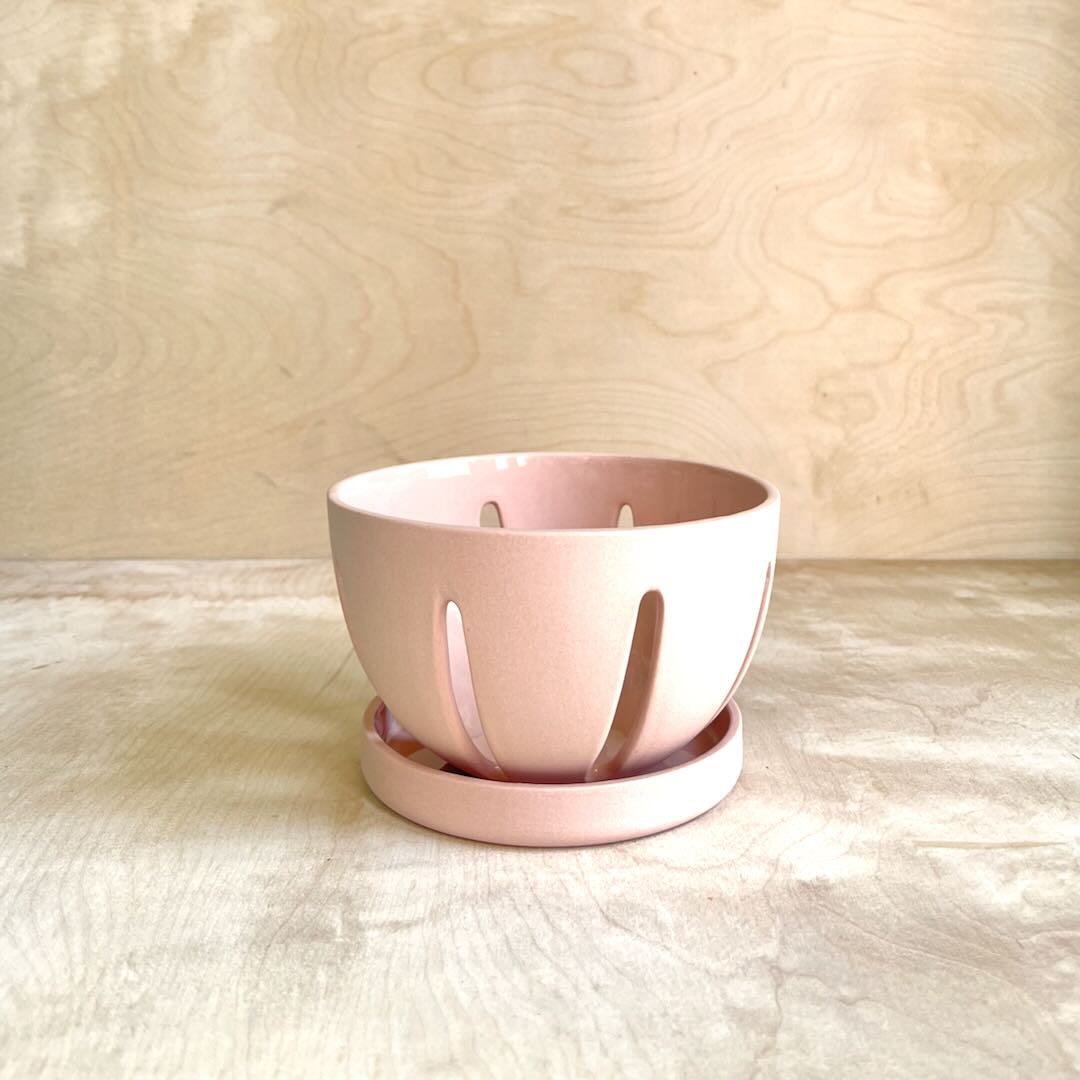 Pink ceramic berry bowl on a wooden background