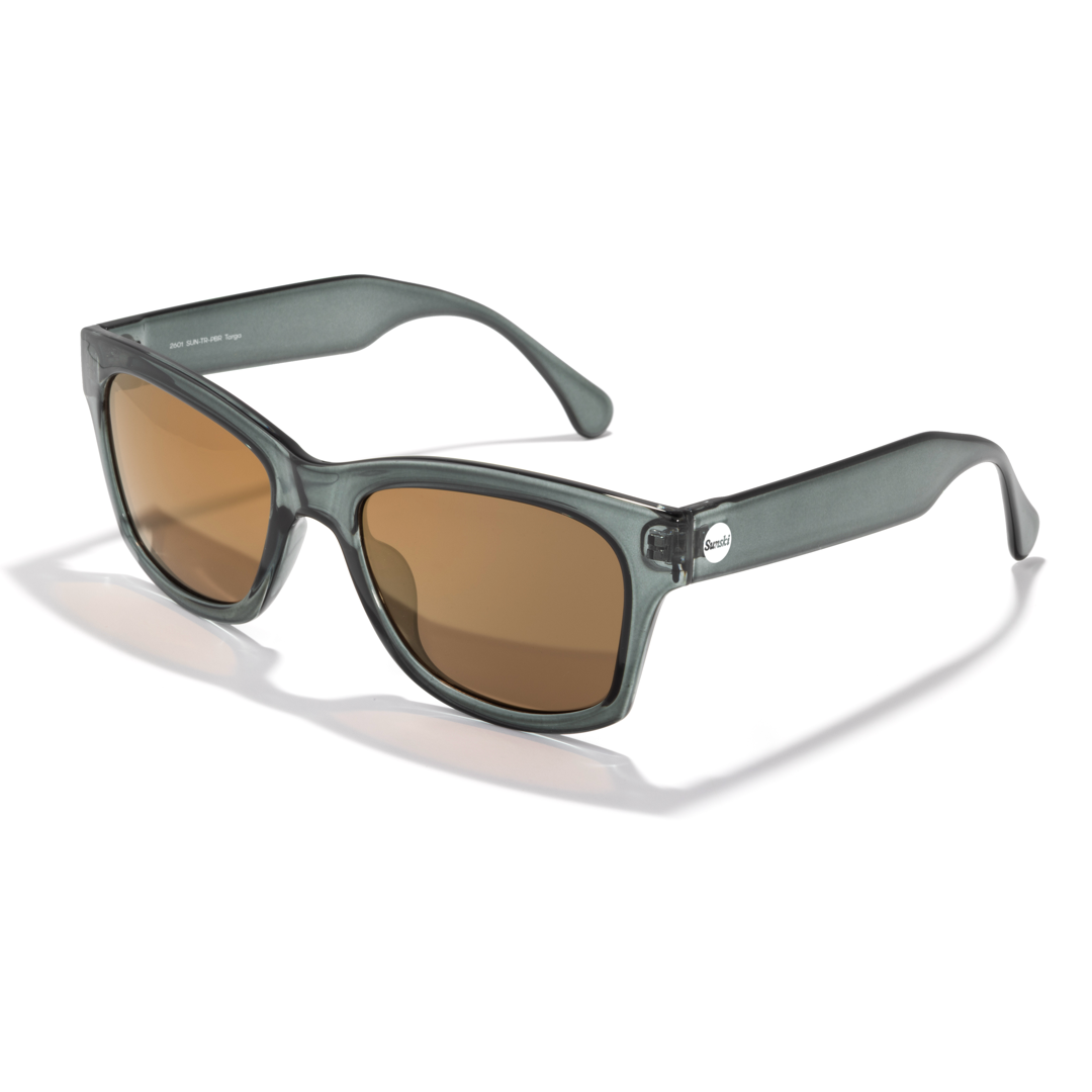 Sunglasses with a pine green tinted frame and brown lenses on a white background