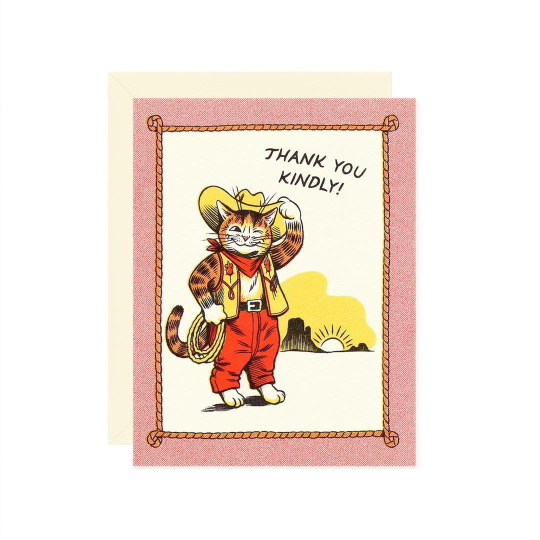 Card with a cat in cowboy attire and 'Thank you kindly!' text on a white background