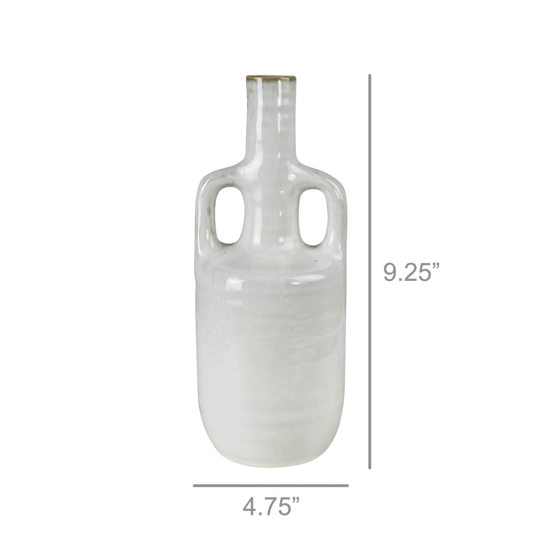 White ceramic vase with handles on a white background