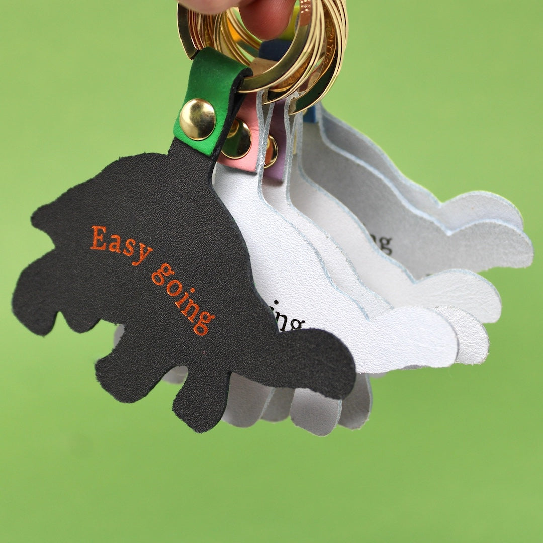 Close-up of a tortoise shaped keyring attached to gold key rings. The front black tag has orange text reading 'Easy going'.