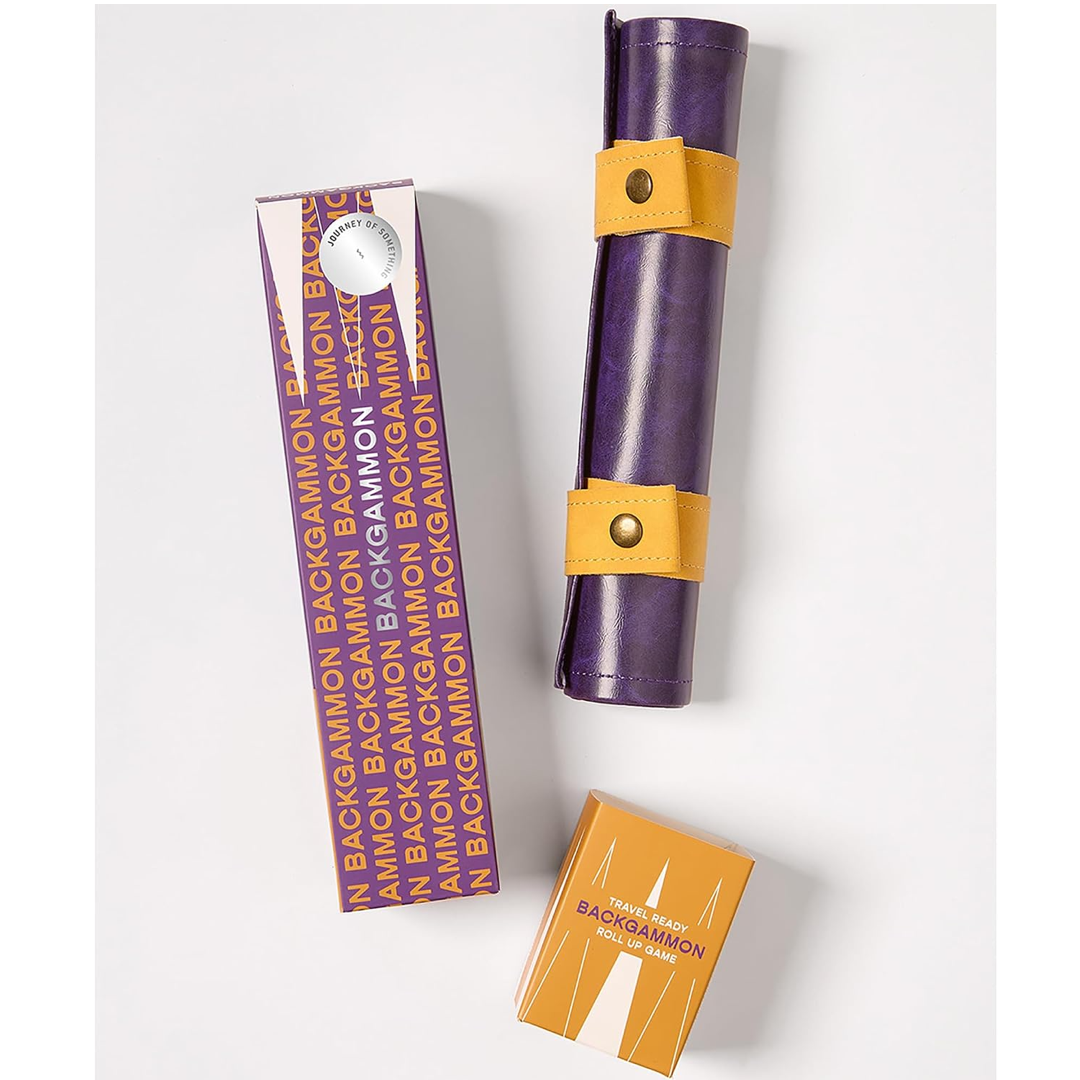 Tavel backgammon set that shows its box, game board rolled up, and a small box that contains the dice and dice cup for the game