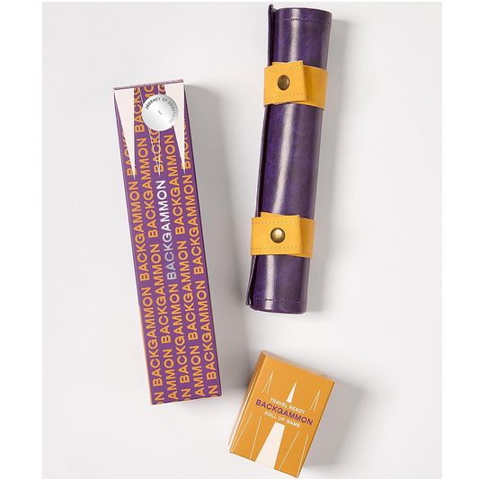 Tavel backgammon set that shows its box, game board rolled up, and a small box that contains the dice and dice cup for the game