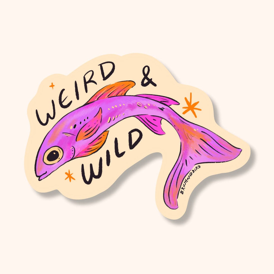 Colorful fish sticker with 'Weird & Wild' text on a beige background