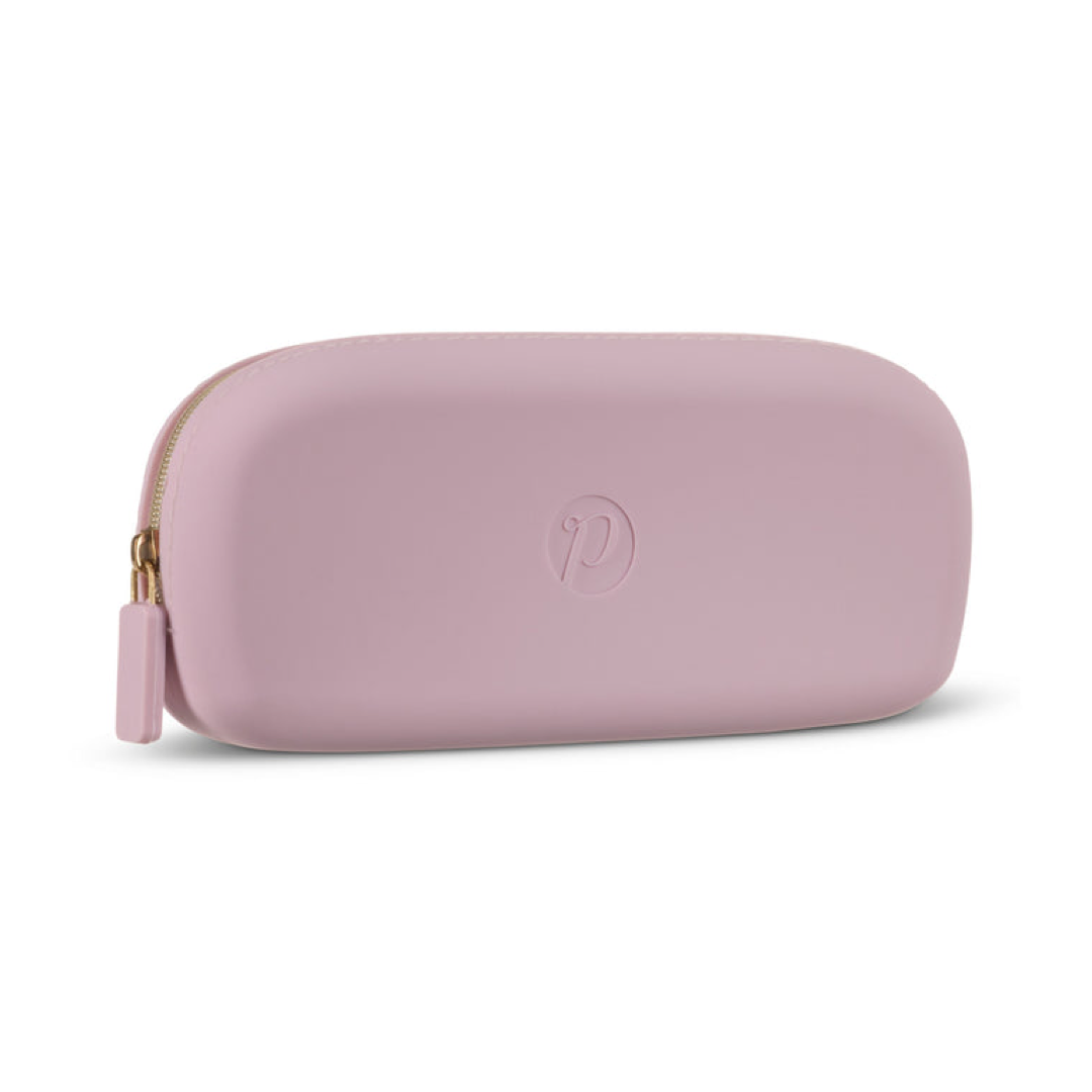 A dusty pink silicone zippered eyeglasses pouch with a gold zipper and a small embossed logo on the front, set against a plain white background.