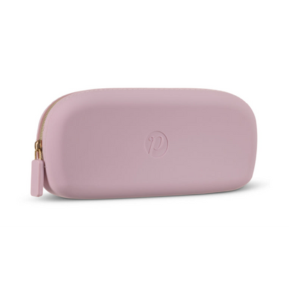 A dusty pink silicone zippered eyeglasses pouch with a gold zipper and a small embossed logo on the front, set against a plain white background.
