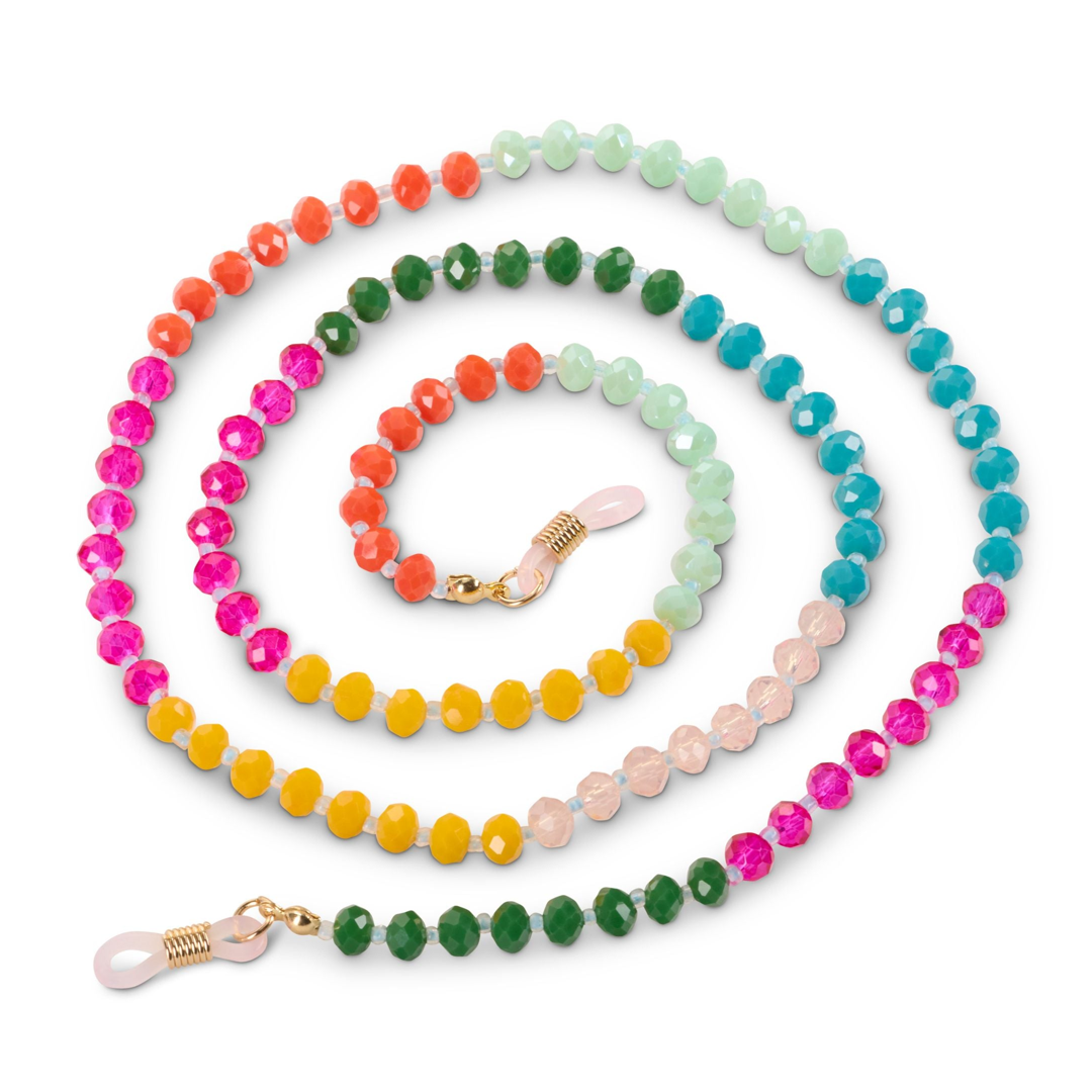 Beaded chain arranged in a spiral on a white background, featuring faceted beads in orange, pink, yellow, green, and light blue
