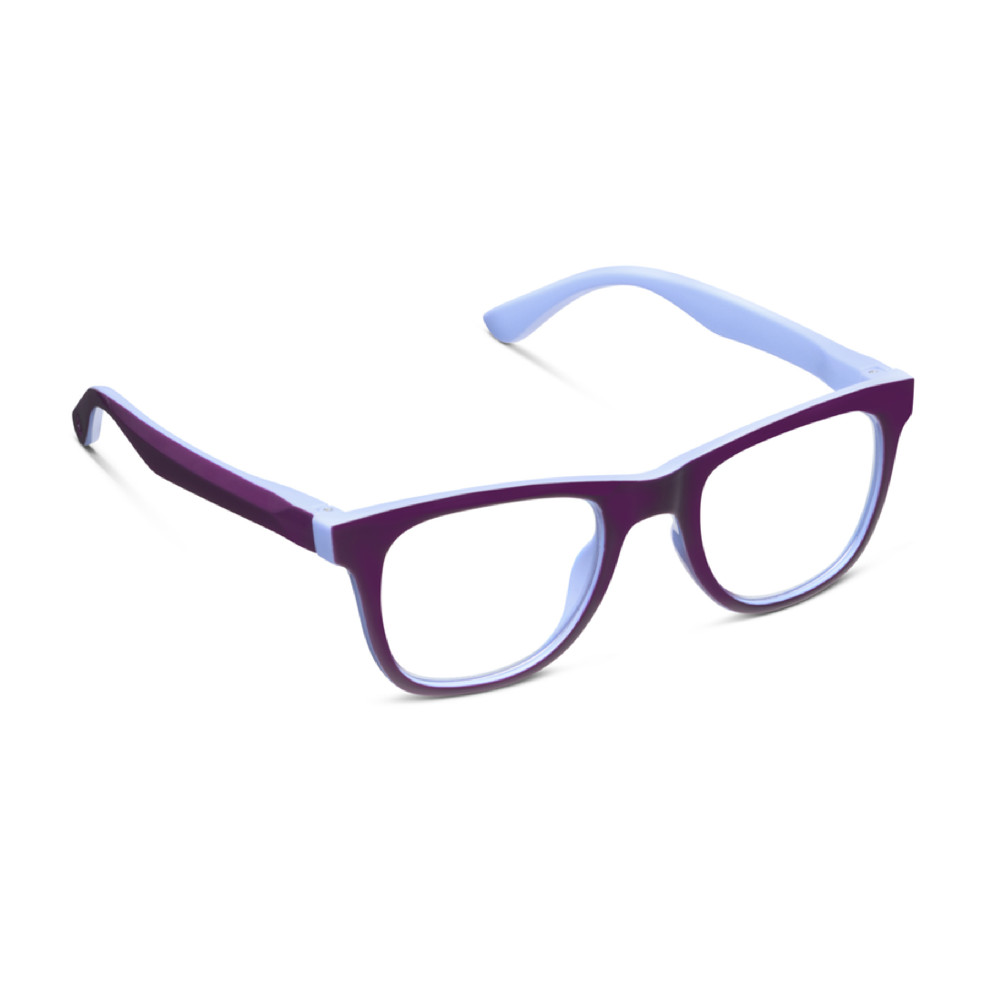 A pair of square-frame eyeglasses with a translucent dark purple front and light blue temples, shown on a plain white background.