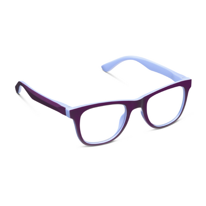A pair of square-frame eyeglasses with a translucent dark purple front and light blue temples, shown on a plain white background.