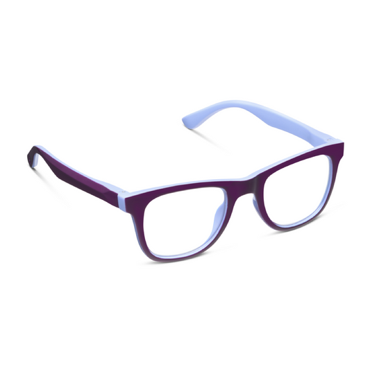 A pair of square-frame eyeglasses with a translucent dark purple front and light blue temples, shown on a plain white background.