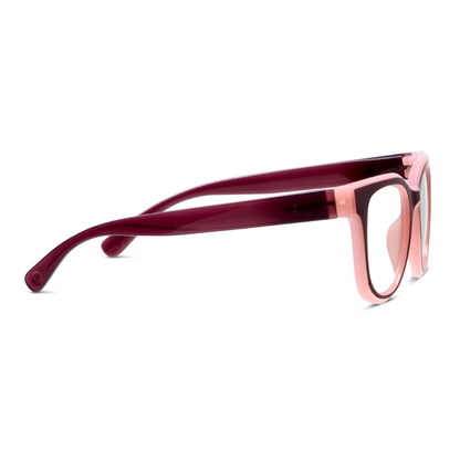 A pair of cat-eye style eyeglasses featuring translucent pink frames and deep burgundy temples, shown from a side profile on a white background.