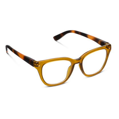 Retro-style square eyeglasses with translucent amber-yellow frames and dark brown tortoiseshell temples, shown on a clean white background.