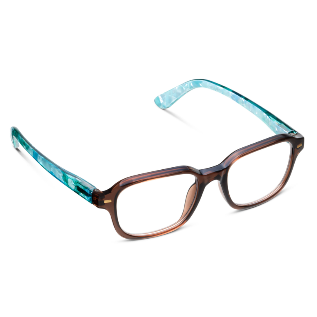 Rectangular eyeglasses with a translucent brown acetate frame and light blue marbled temples, shown on a clean white background.