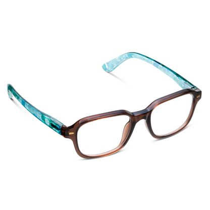 Rectangular eyeglasses with a translucent brown acetate frame and light blue marbled temples, shown on a clean white background.