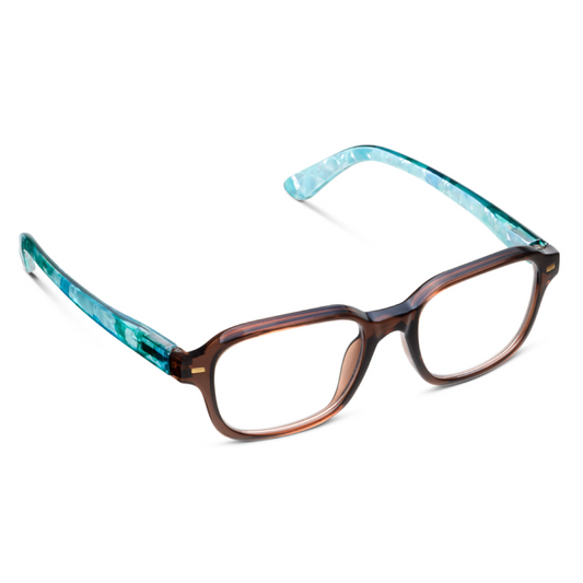 Rectangular eyeglasses with a translucent brown acetate frame and light blue marbled temples, shown on a clean white background.