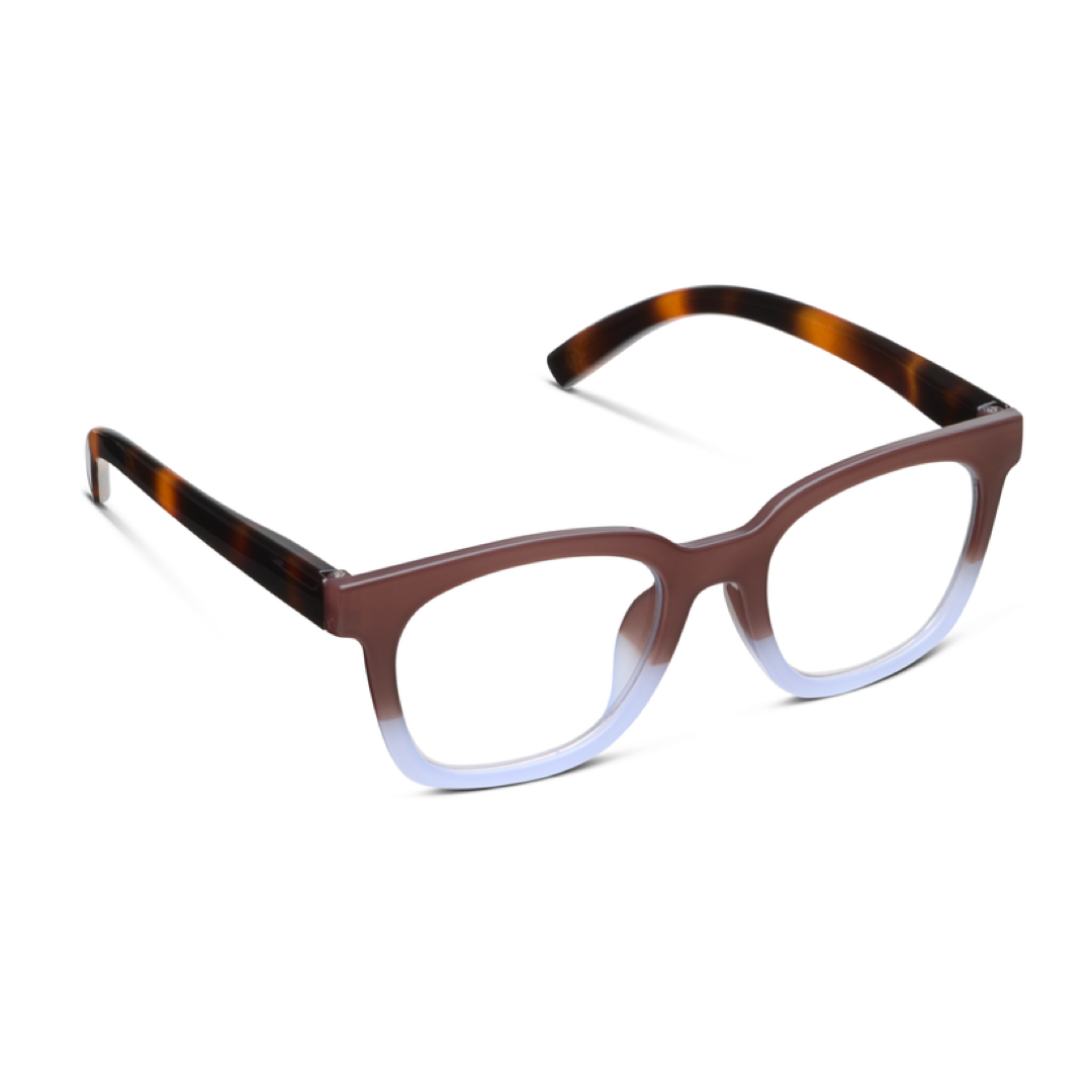 Oversized square eyeglasses with a brown to light blue gradient front frame and tortoiseshell-patterned temples, shown on a white background.