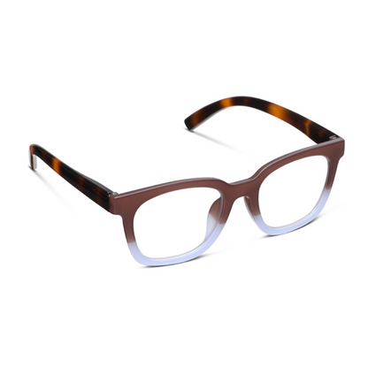 Oversized square eyeglasses with a brown to light blue gradient front frame and tortoiseshell-patterned temples, shown on a white background.