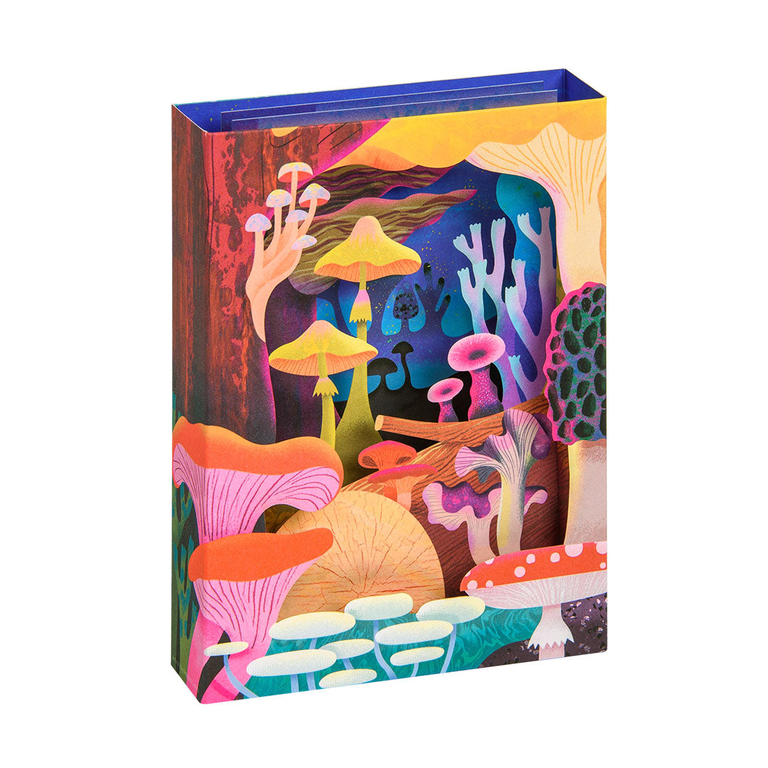 Colorful 3d greeting card with mushroom design on a white background