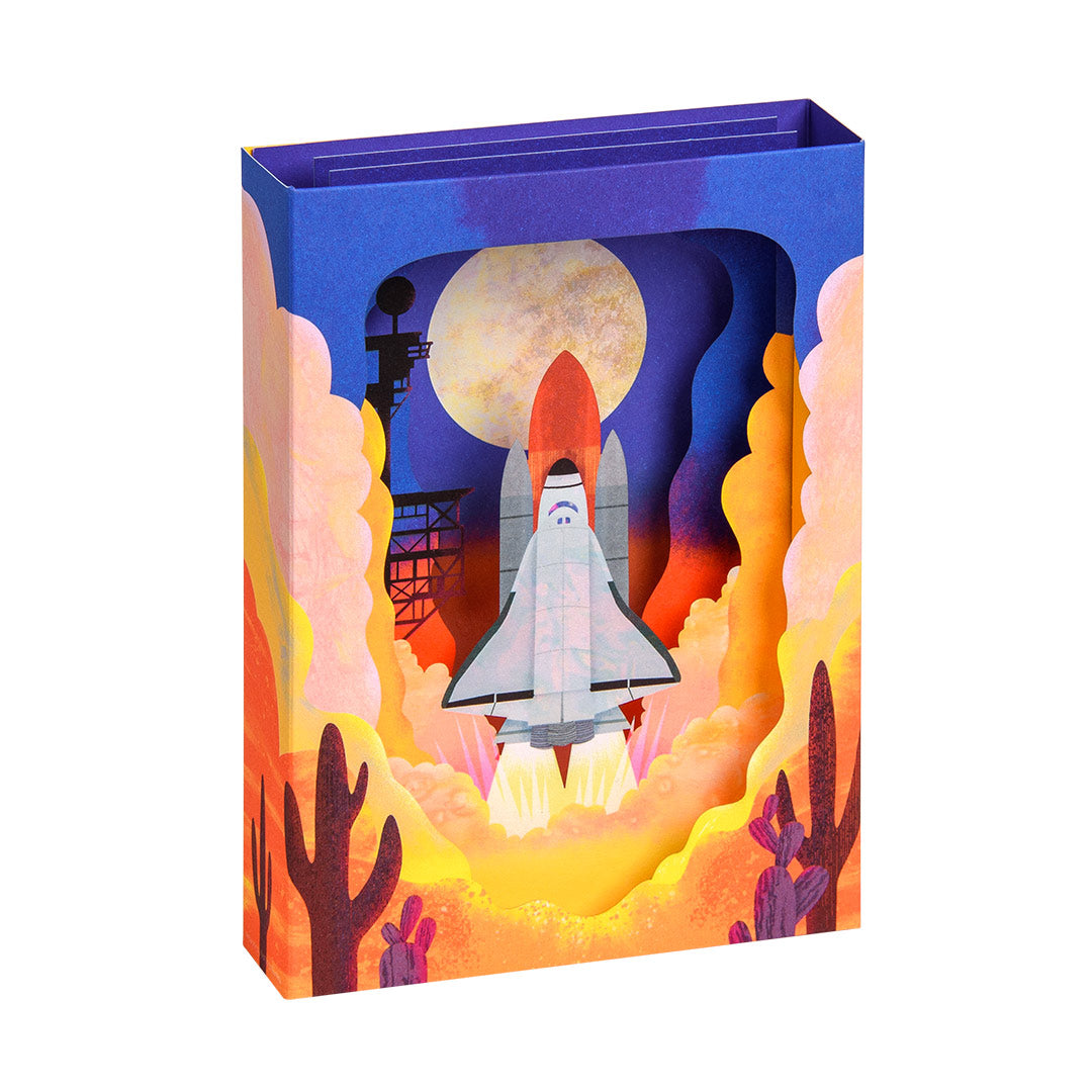 3d card with space-themed design featuring a rocket and moon.