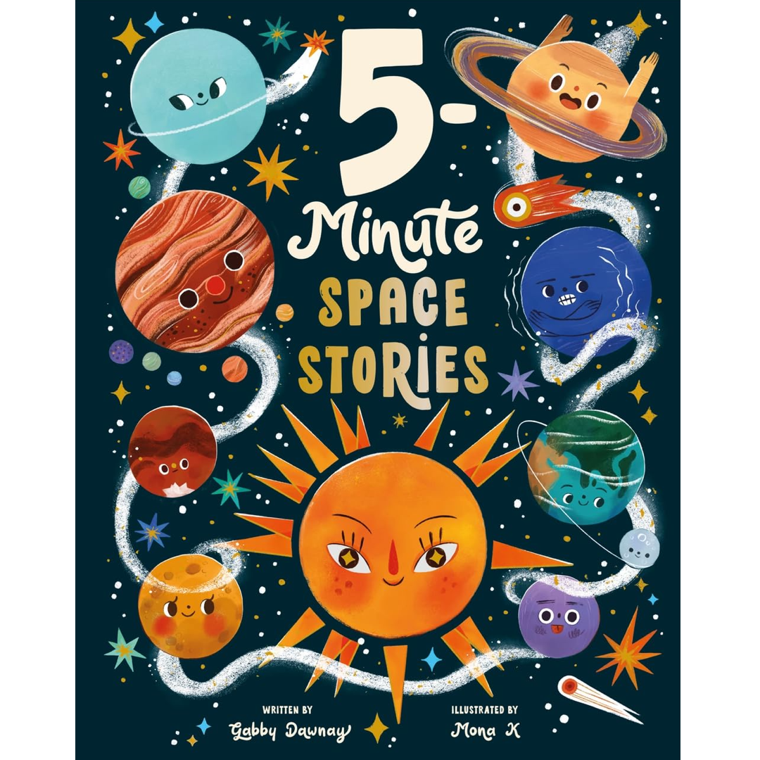 Book cover of '5-Minute Space Stories' with cartoon planets and solar system elements on a dark blue background.