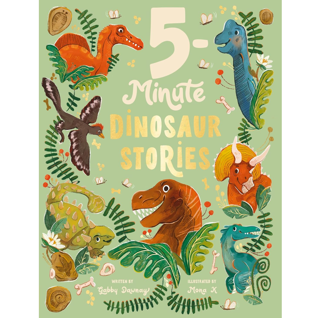 bookcover with dinosaurs and text 5 minute dinosaur stories
