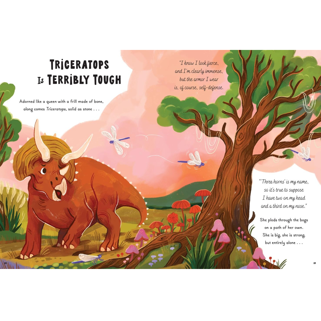 pages from a book with dinosaurs on it. this page has a story called triceratops is terribly tough