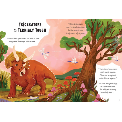 pages from a book with dinosaurs on it. this page has a story called triceratops is terribly tough
