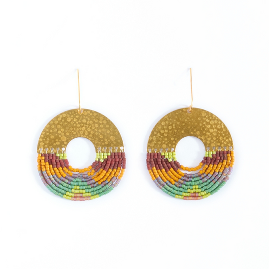 Beaded Handwoven Organic Circular Fringe Earrings