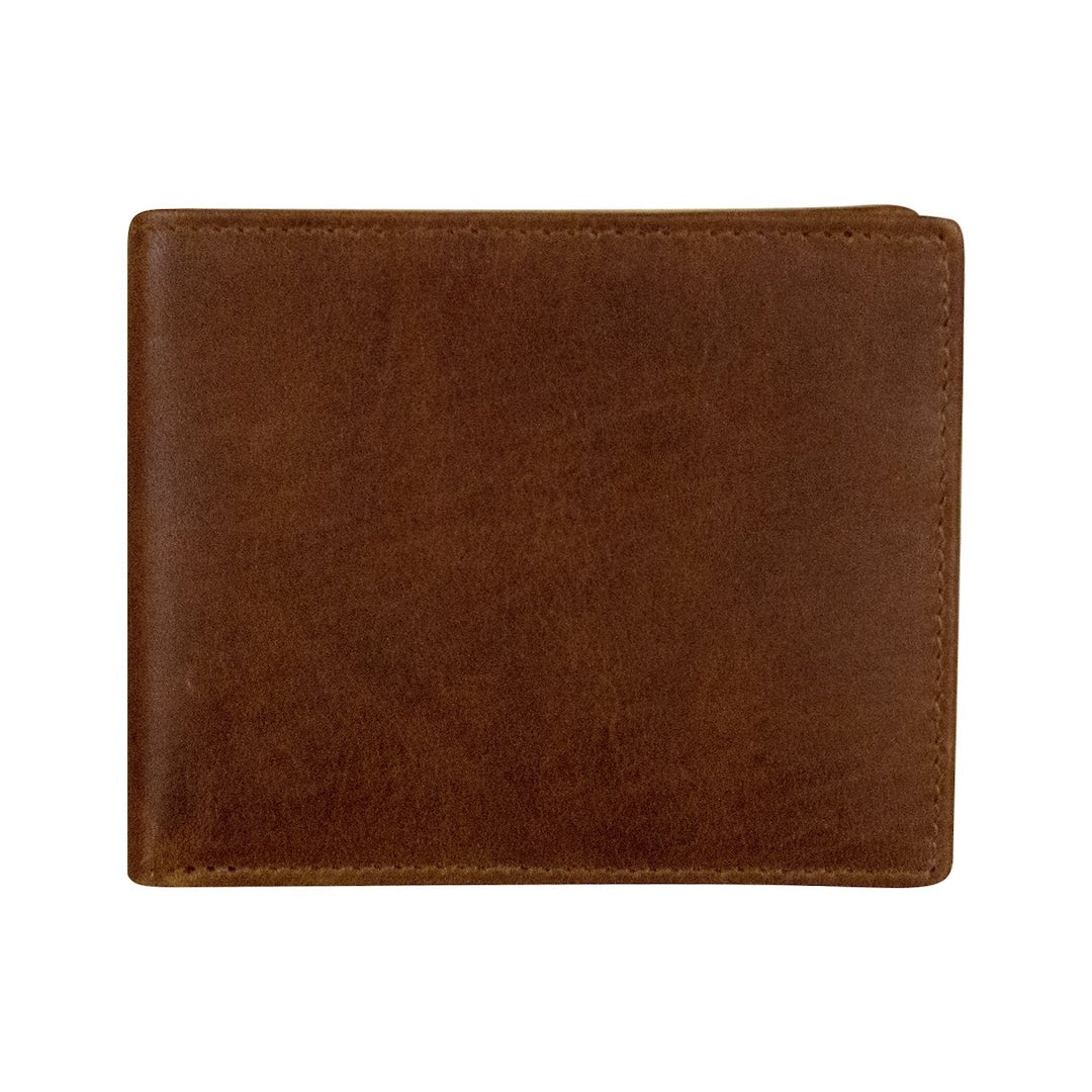 A classic brown leather bifold wallet shown closed against a plain white background.