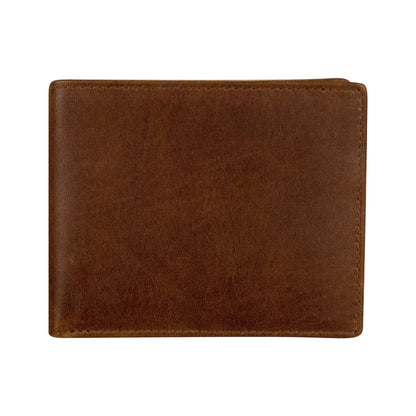 A classic brown leather bifold wallet shown closed against a plain white background.