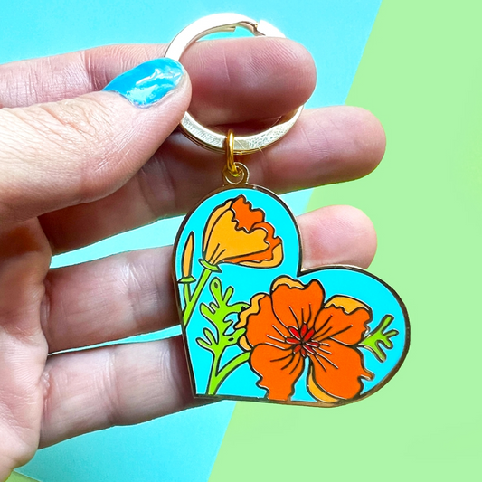 California Poppy Heart Enamel Keychain Brenna Daugherty Illustration