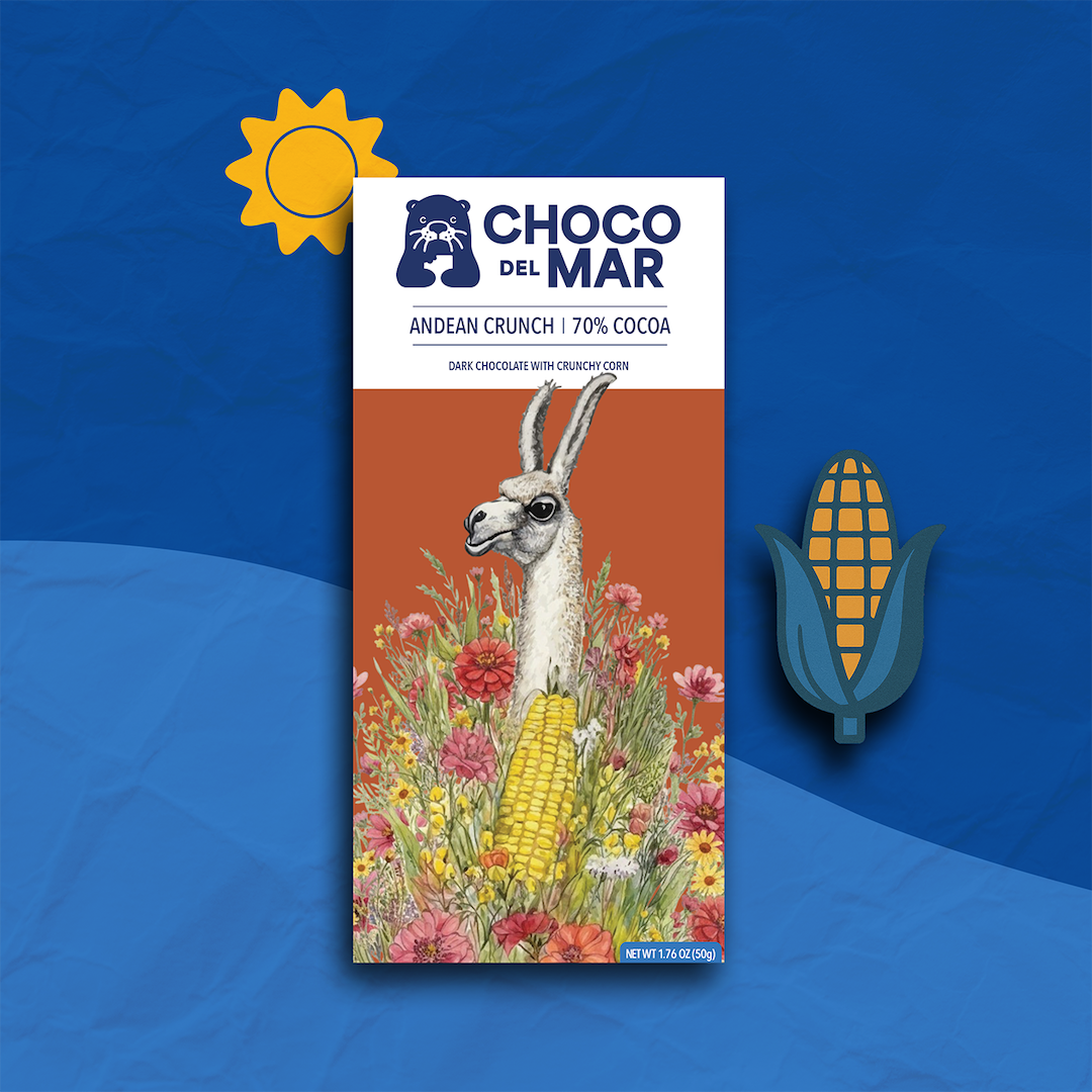 Choco del Mar Andean Crunch chocolate bar packaging with llama and corn illustration on a blue background
