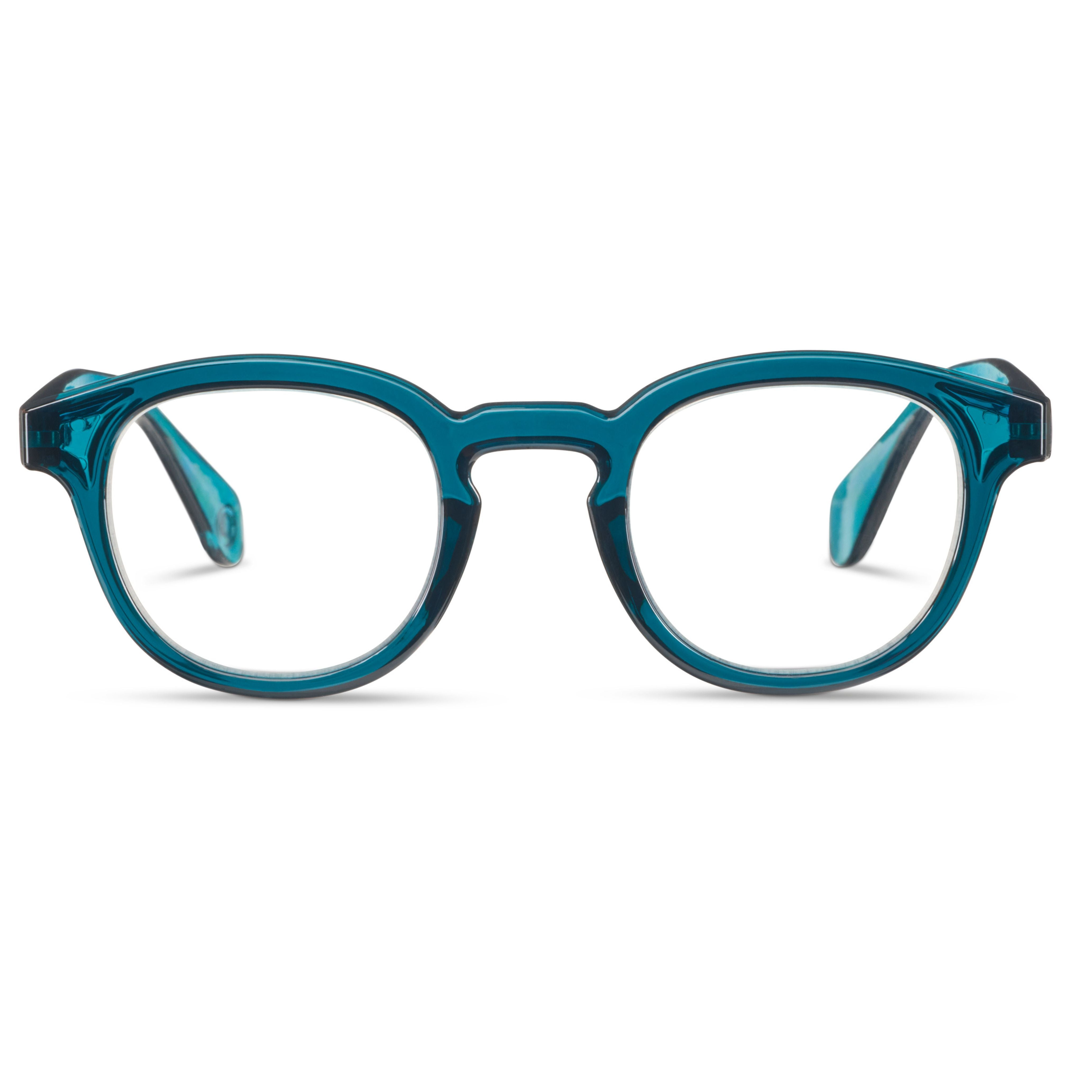 Teal eyeglasses on a white background