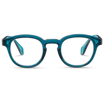 Teal eyeglasses on a white background