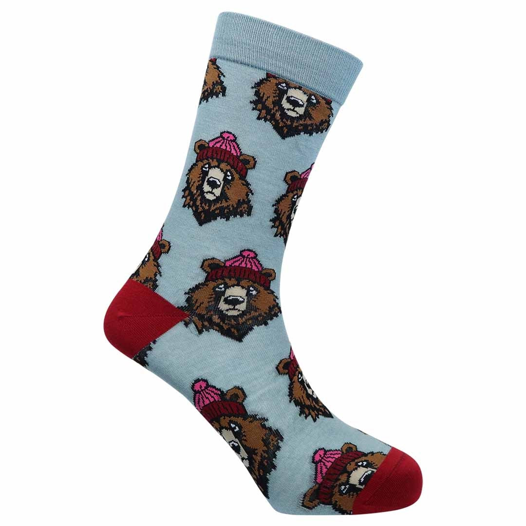 Light blue sock with bear pattern on a white background background