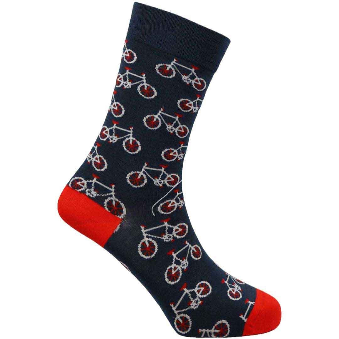 Navy sock with bicycle pattern and red toes and cuffs on a white background
