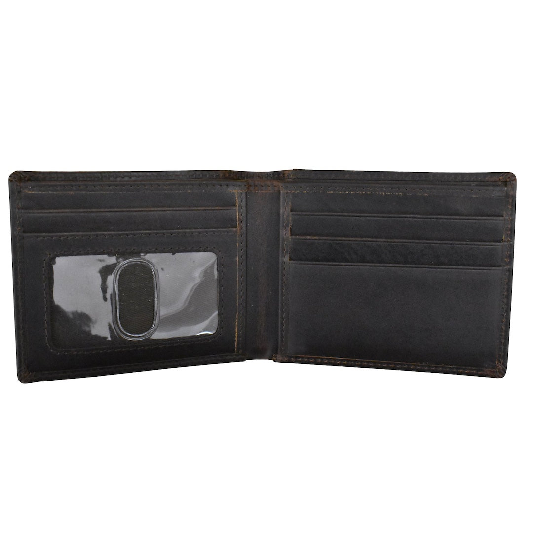 Black leather wallet open on a white background