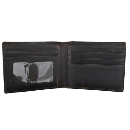 Black leather wallet open on a white background