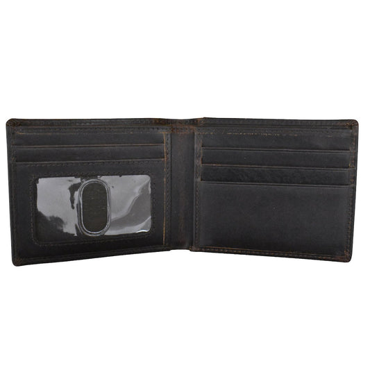 Black leather wallet open on a white background