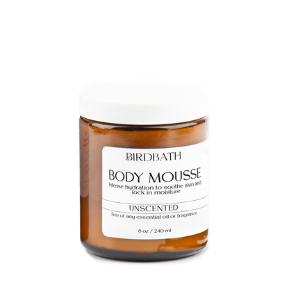 Jar of Birdbath Unscented Body Mousse on a white background