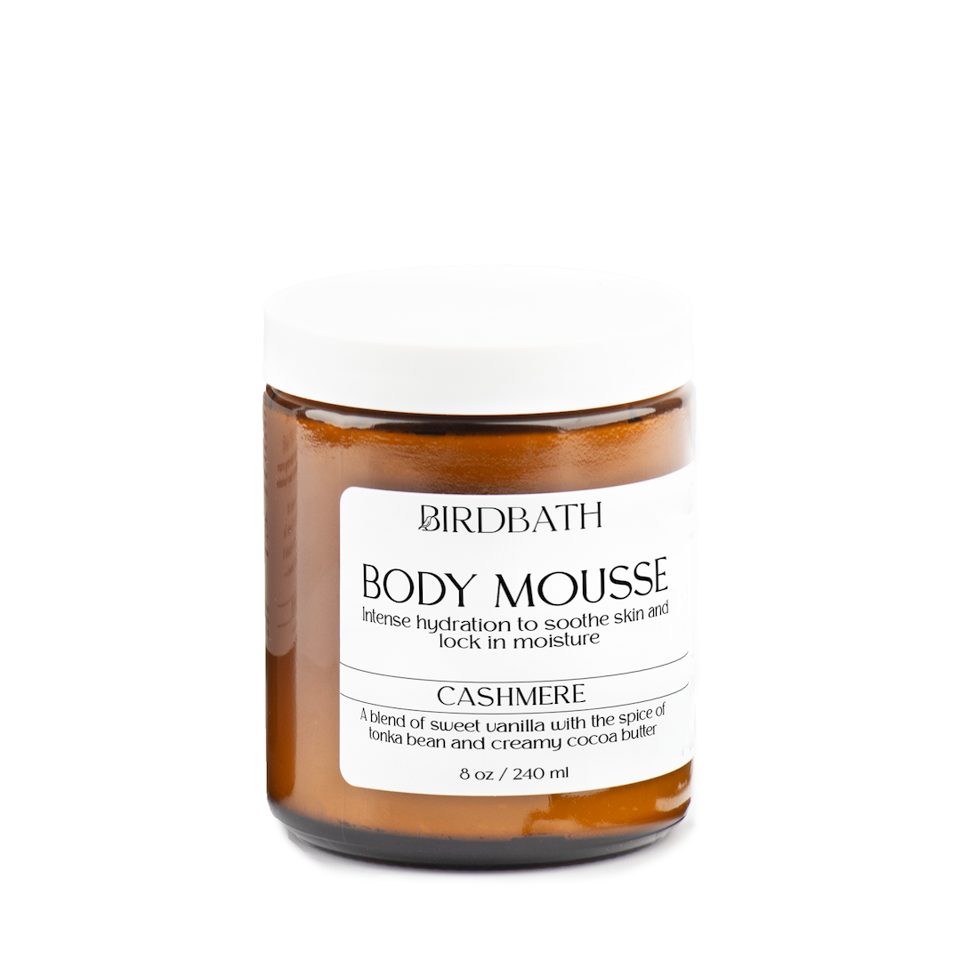 Jar of Birdbath Cashmere Body Mousse with a white label on a white background