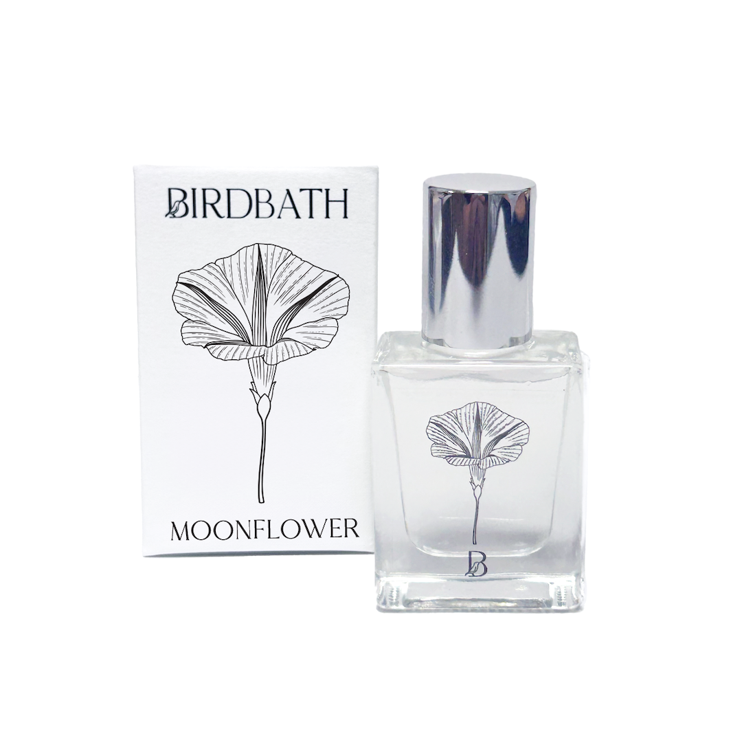 Birdbath Moonflower perfume bottle and packaging on a white background